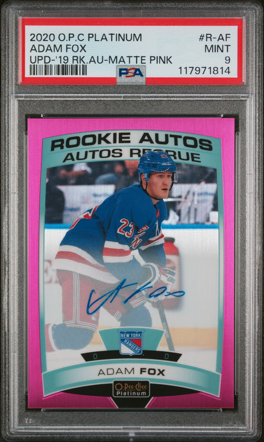 2019-20 UD O-PEE-CHEE PLATINUM UPDATE AUTOGRAPHS #R-AF ADAM FOX MATTE PINK ROOKIE AUTO /99 PSA 9