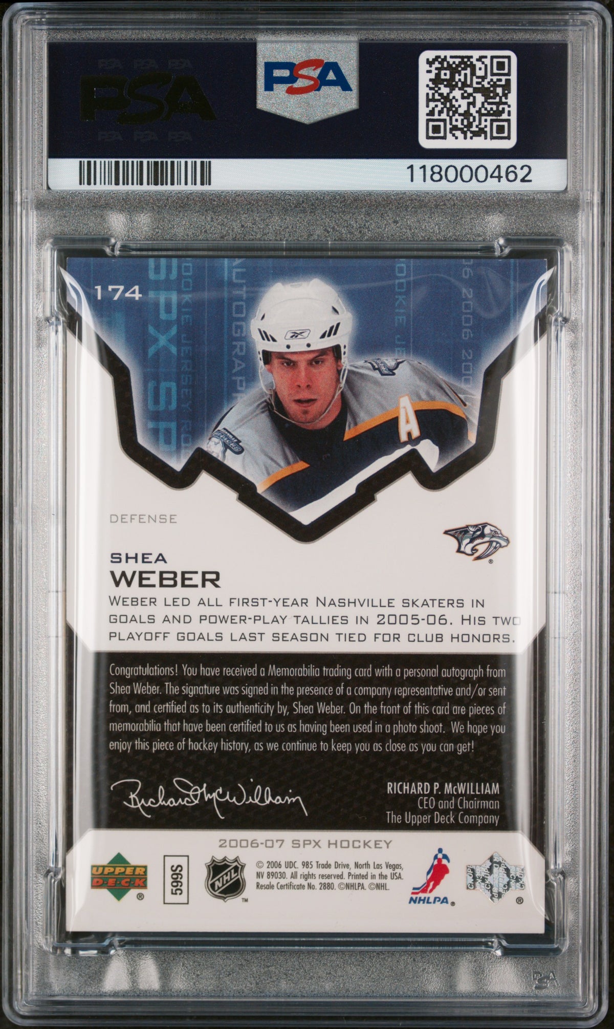 2006 UPPER DECK SPx #174 SHEA WEBER SIGNED JERSEY /1299 PSA 8
