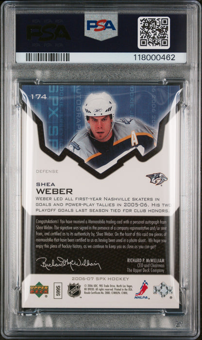 2006 UPPER DECK SPx #174 SHEA WEBER SIGNED JERSEY /1299 PSA 8