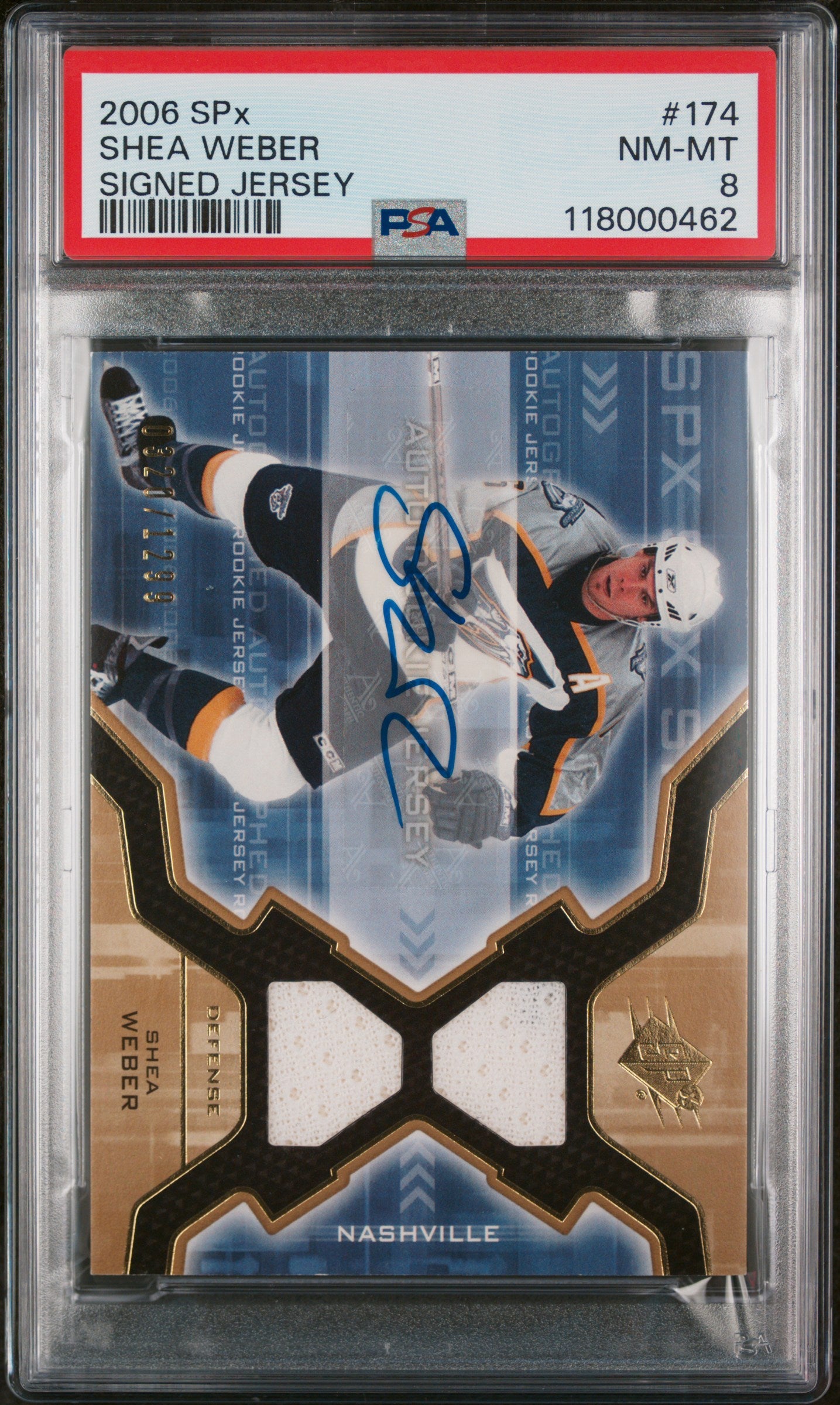 2006 UPPER DECK SPx #174 SHEA WEBER SIGNED JERSEY /1299 PSA 8