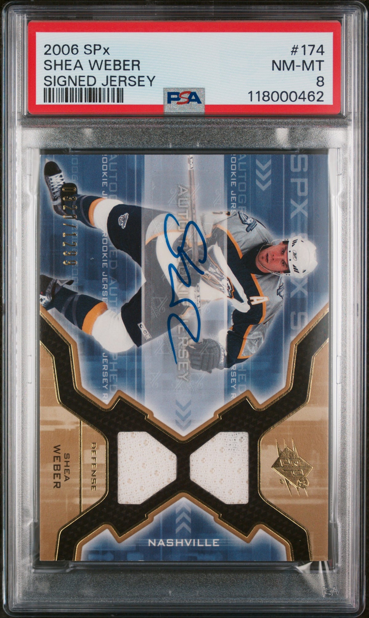 2006 UPPER DECK SPx #174 SHEA WEBER SIGNED JERSEY /1299 PSA 8