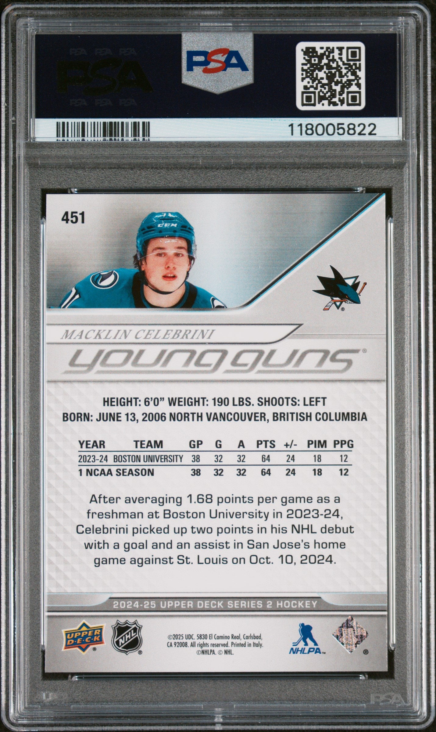 2024-25 UPPER DECK SERIES 2 MACKLIN CELEBRINI YOUNG GUNS PSA 9 #451