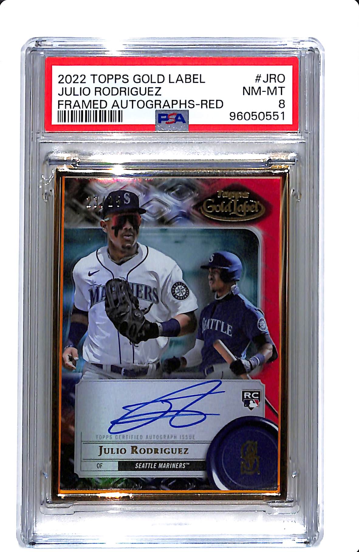 2022 TOPPS GOLD LABEL JULIO RODRIGUEZ FRAMED AUTOGRAPHS RED PSA 8