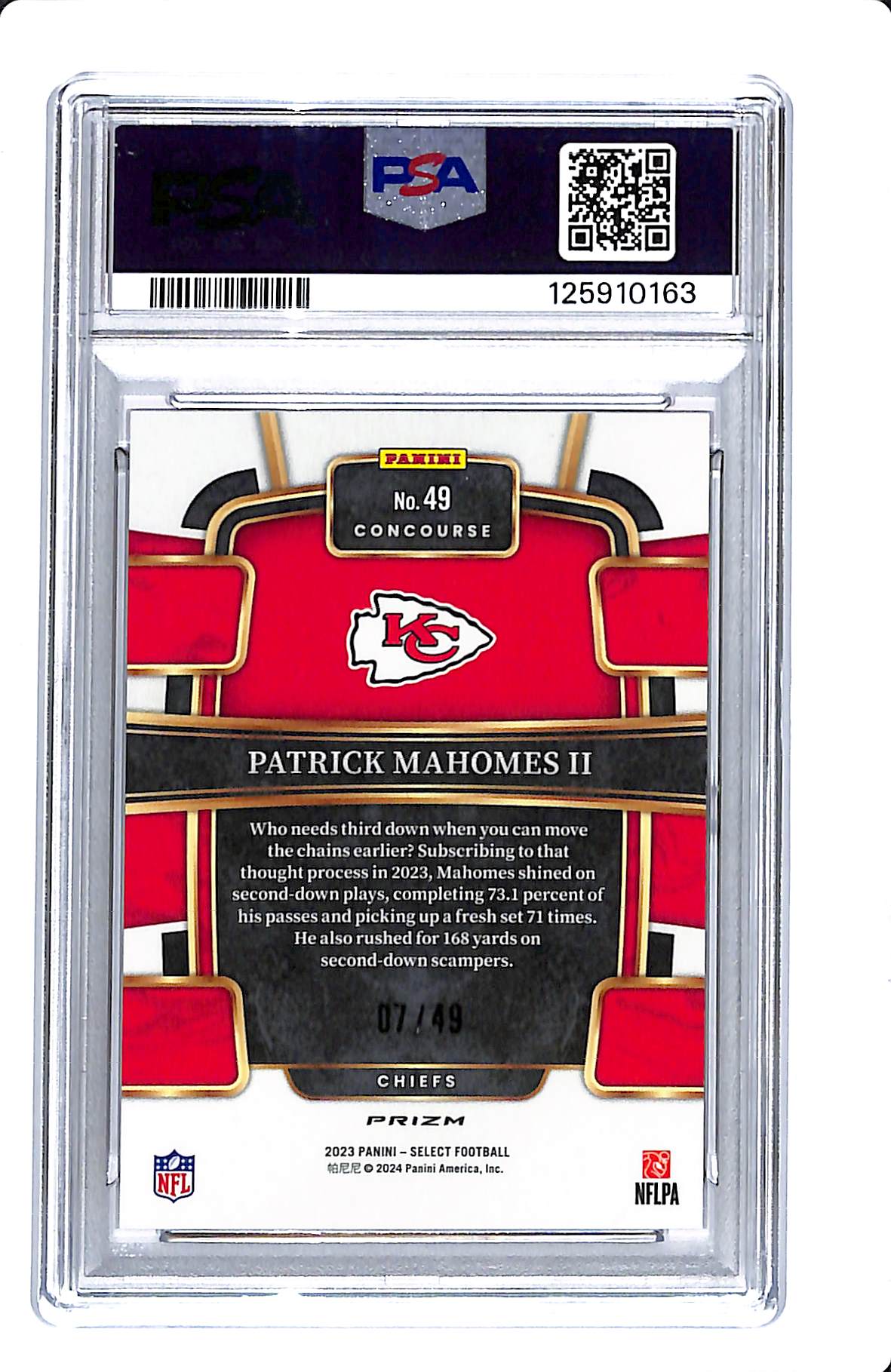 2023 PANINI SELECT RED DISCO PRIZM PATRICK MAHOMES II PSA 10