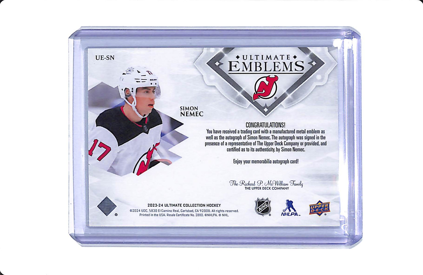 2023-24 UPPER DECK ULTIMATE SIMON NEMEC ULTIMATE EMBLEMS AUTO 08/10