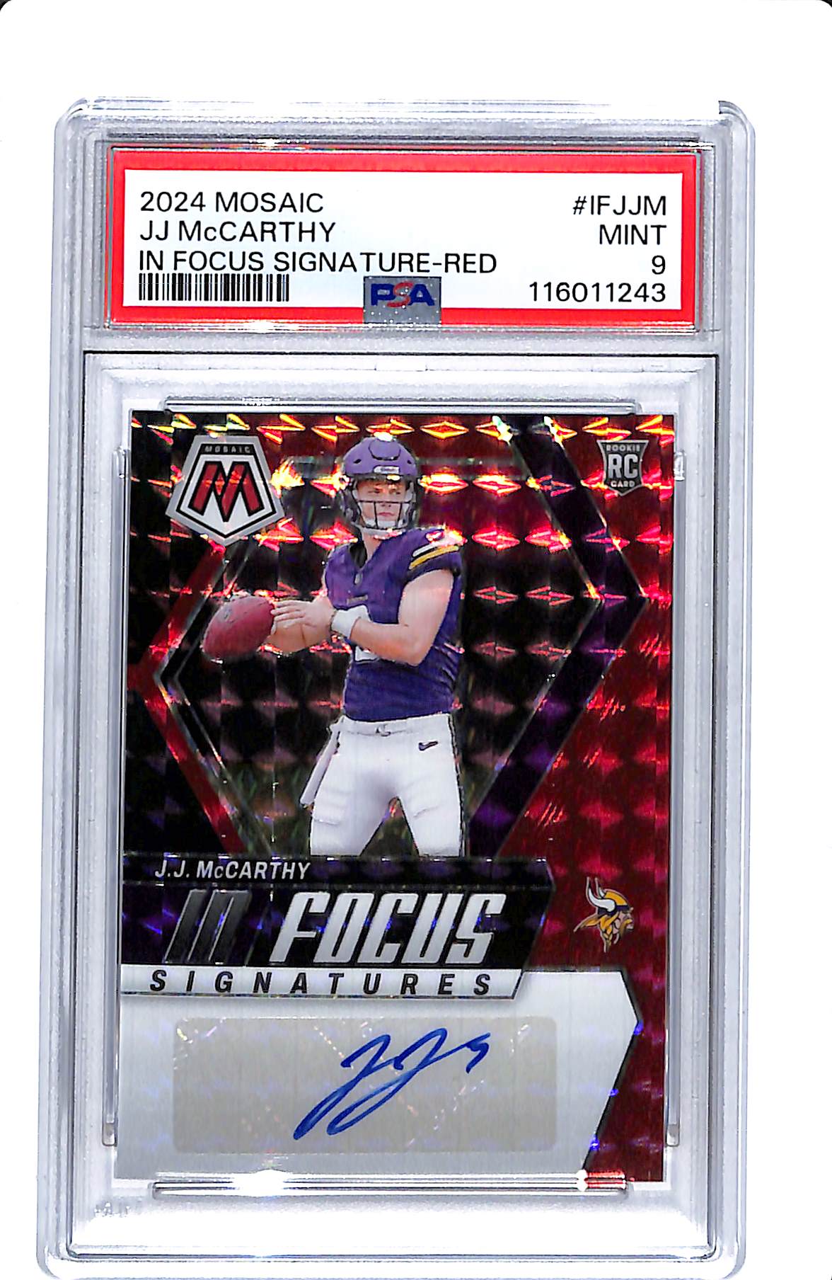 2024 PANINI MOSAIC JJ MCCARTHY IN FOCUS SIGNATURE RED PSA 9
