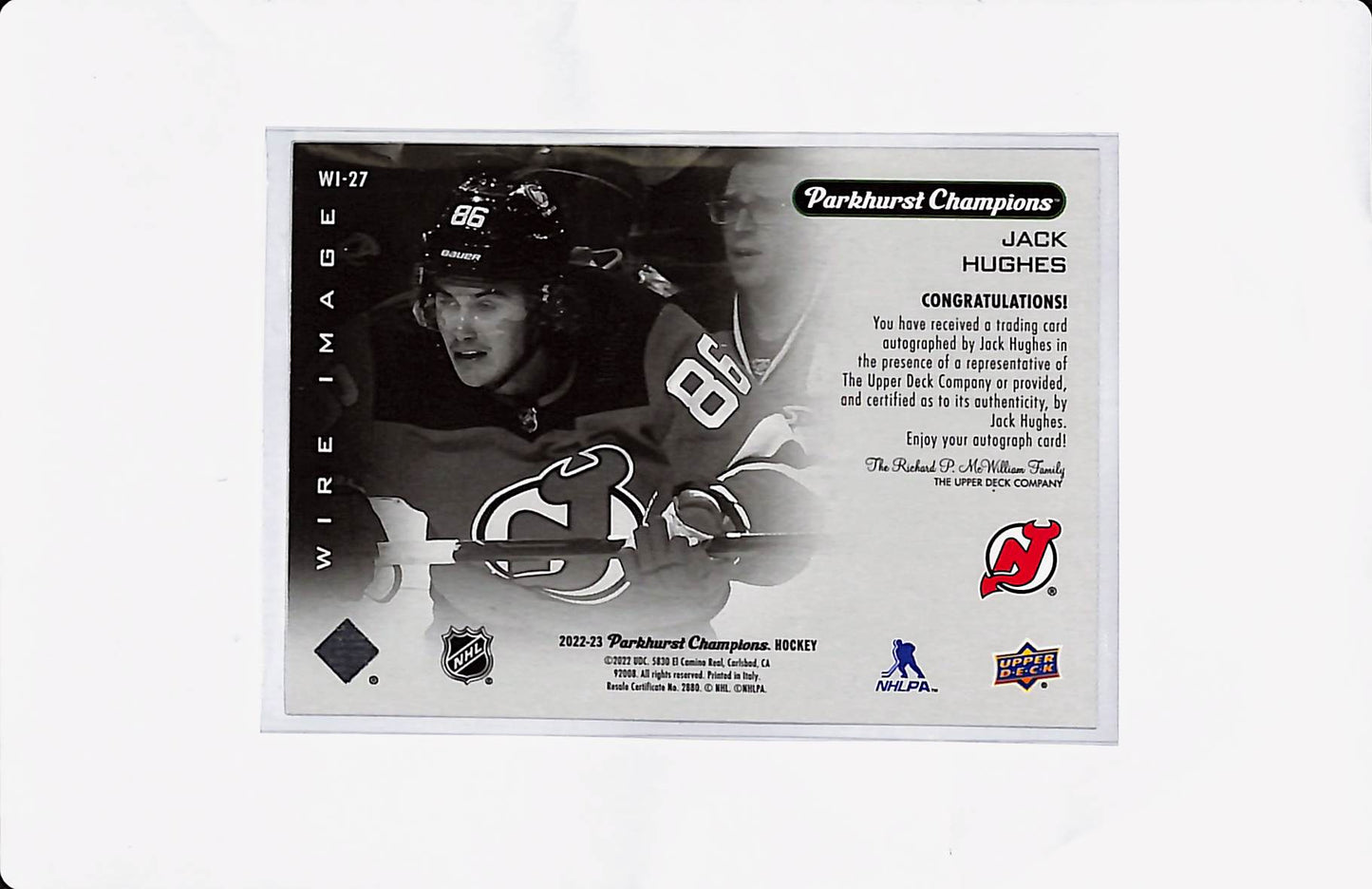 2022-23 PARKHURST CHAMPIONS JACK HUGHES AUTO