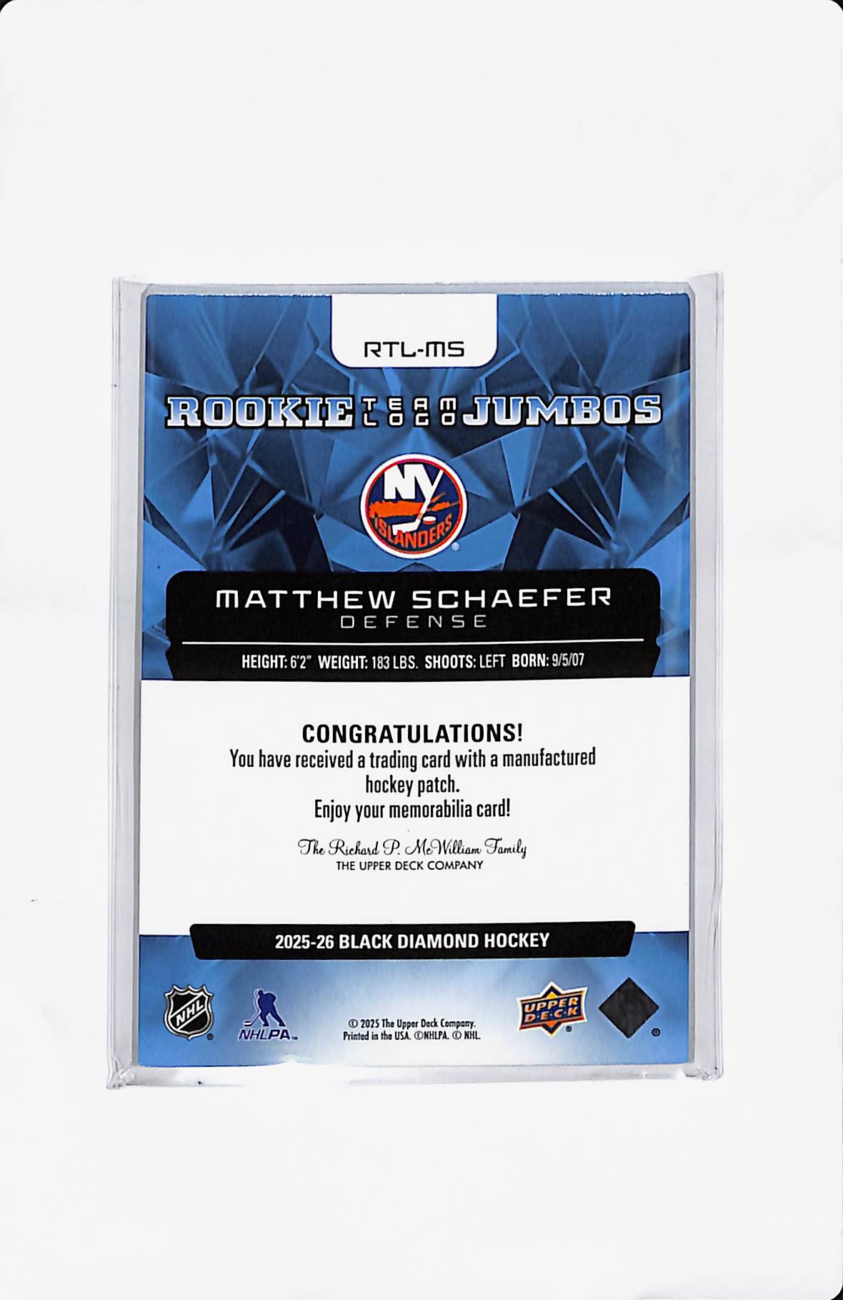2025-26 BLACK DIAMOND MATTHEW SCHAEFER ROOKIE TEAM LOGO JUMBOS