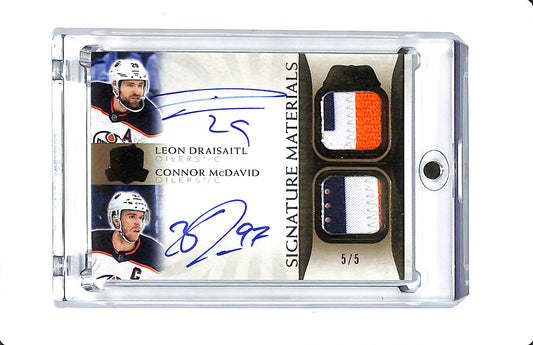 2021-22 UPPER DECK THE CUP DUAL SIGNATURE MATERIALS LEON DRAISAITL/CONNOR MCDAVID PATCH AUTO 5/5