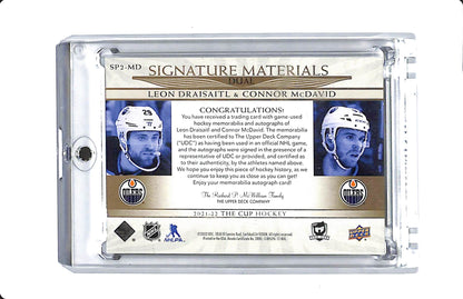 2021-22 UPPER DECK THE CUP DUAL SIGNATURE MATERIALS LEON DRAISAITL/CONNOR MCDAVID PATCH AUTO 5/5