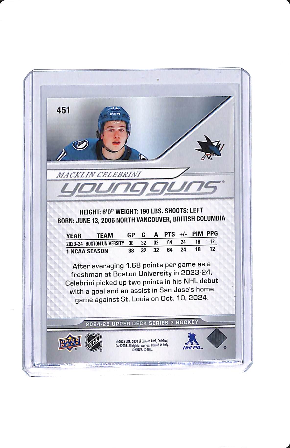 2024-25 UPPER DECK SERIES 2 MACKLIN CELEBRINI YOUNG GUNS