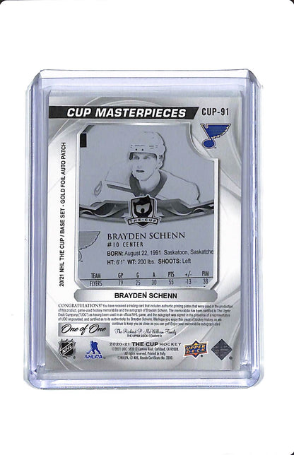 2024-25 UPPER DECK THE CUP CUP MASTERPIECES BLACK PRINTING PLATE BRAYDEN SCHENN ONE OF ONE AUTO