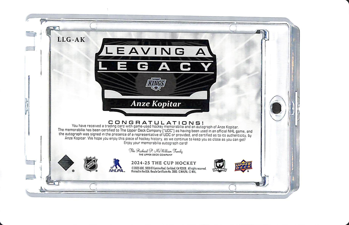 2024-25 UPPER DECK THE CUP LEAVING A LEGACY ANZE KOPITAR PATCH AUTO 07/35