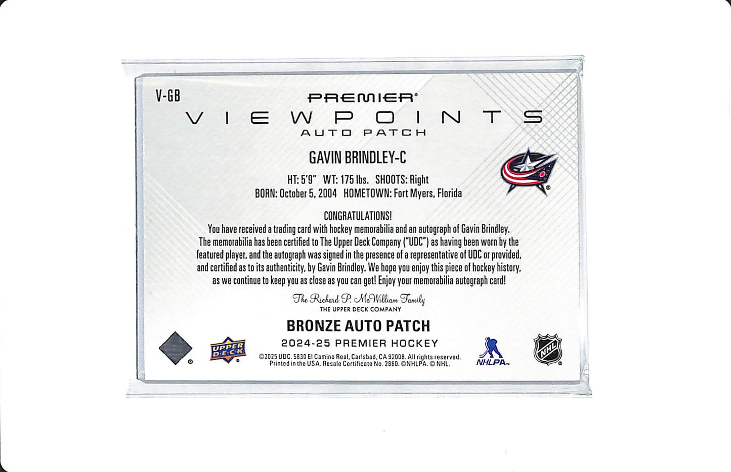2024-25 UD PREMIER VIEWPOINTS BRONZE AUTO PATCH GAVIN BRINDLEY 21/99