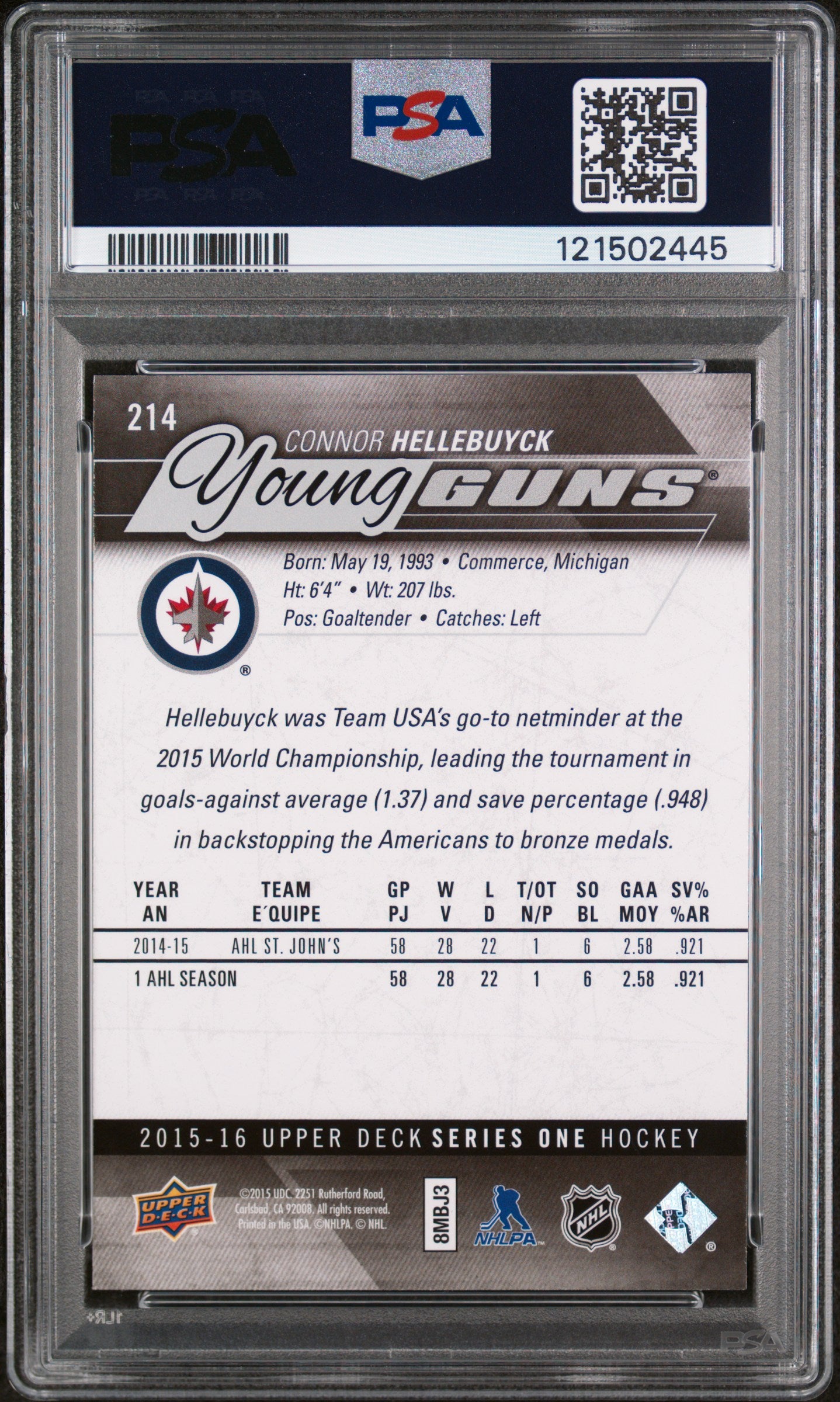 2015-16 UPPER DECK SERIES 1 CONNOR HELLEBUYCK YOUNG GUNS PSA 10