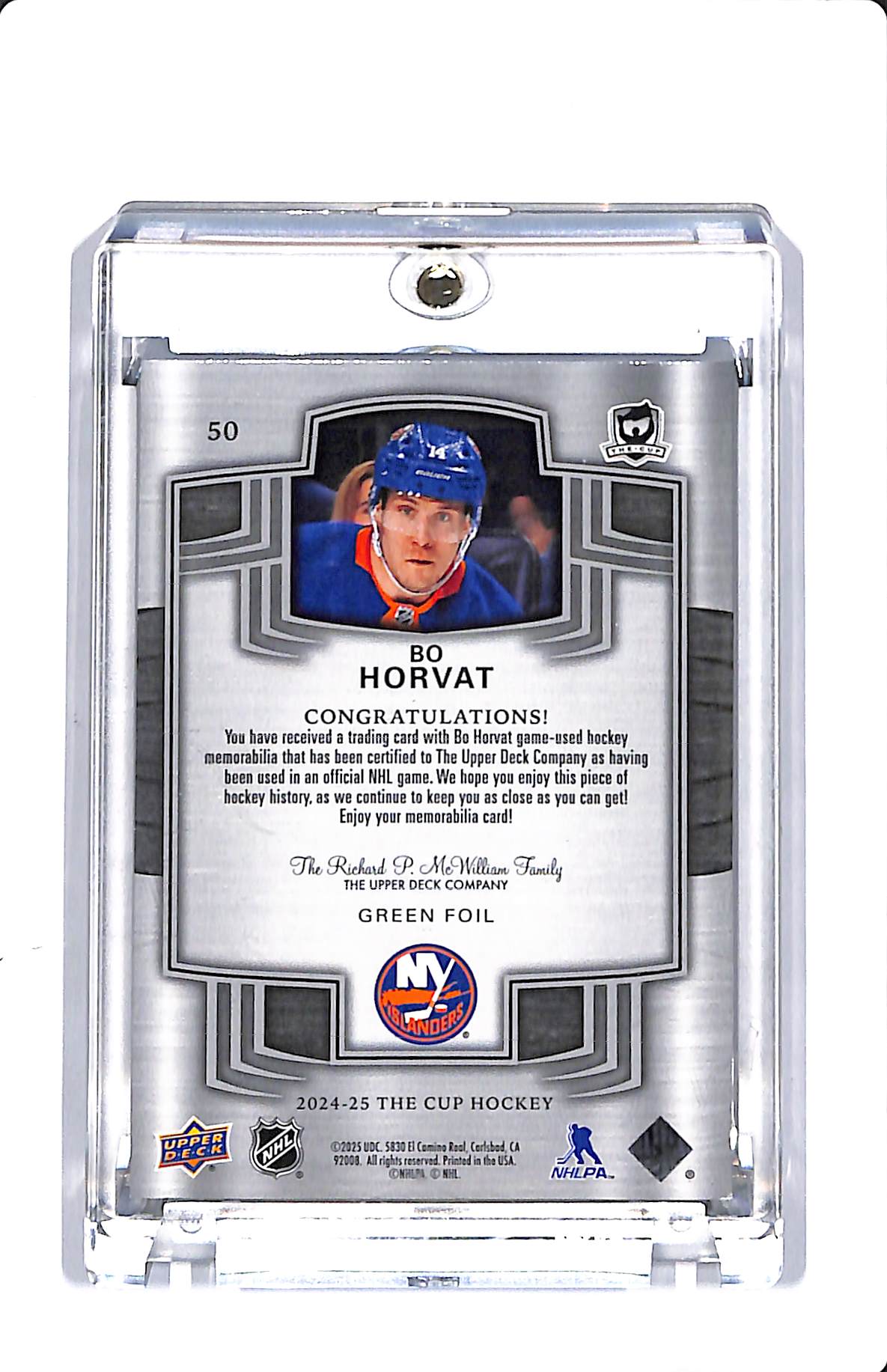 2024-25 UPPER DECK THE CUP BO HORVAT GREEN FOIL BUTTON PATCH 1/3