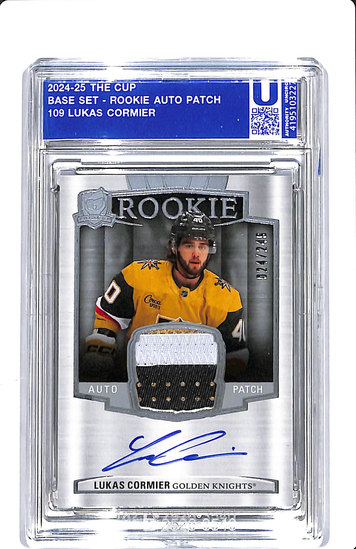 2024-25 UPPER DECK THE CUP LUKAS CORMIER ROOKIE AUTO PATCH 024/249