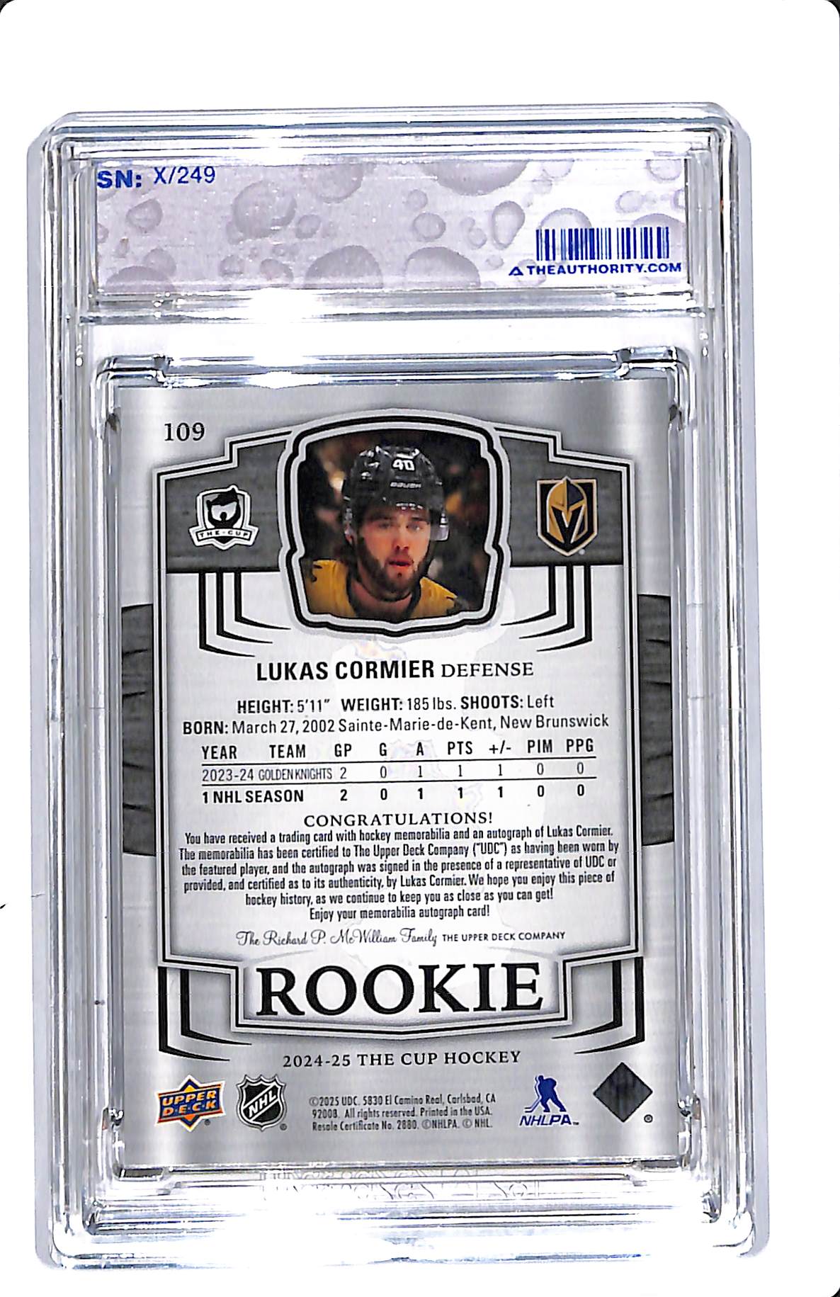 2024-25 UPPER DECK THE CUP LUKAS CORMIER ROOKIE AUTO PATCH 005/249