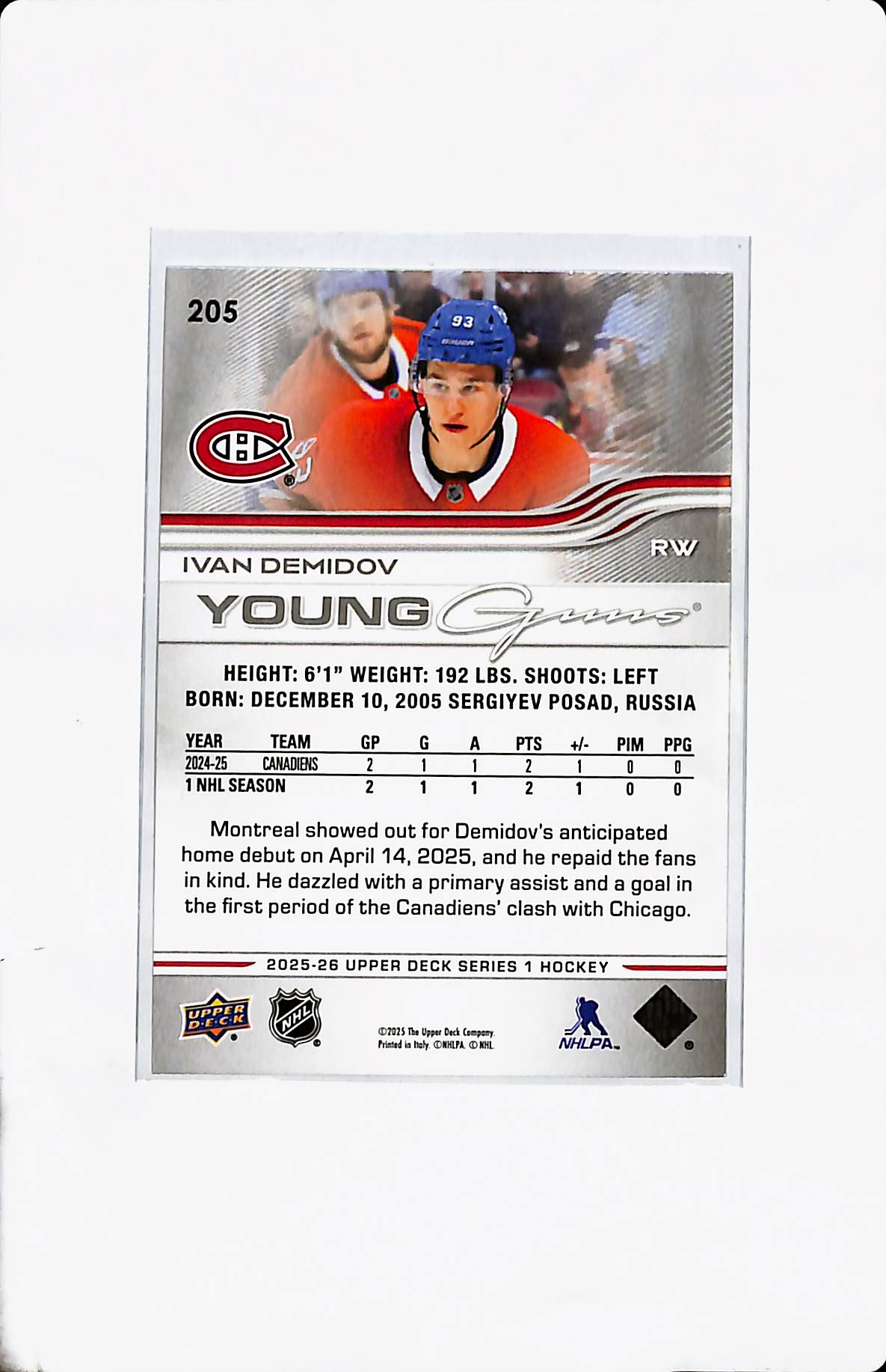 2025-26 UD SERIES ONE IVAN DEMIDOV YOUNG GUNS