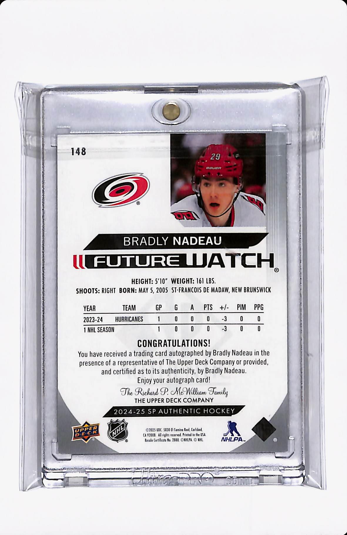 2024-25 SP AUTHENTIC BRADLEY NADEAU FUTURE WATCH AUTO / 999