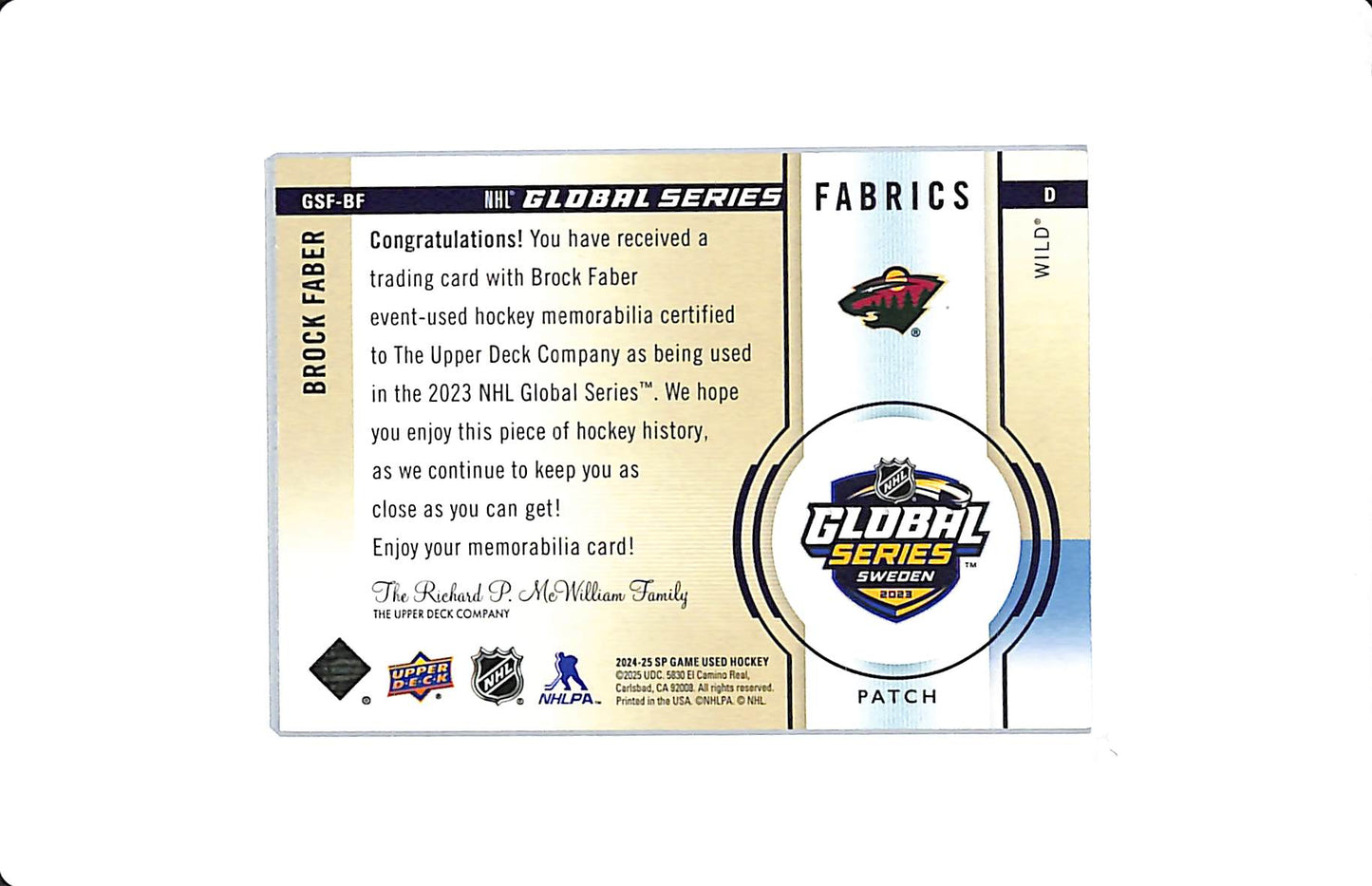 2023-24 UD SP GAME USED BROCK FABER GLOBAL SERIES FABRICS PATCH /35