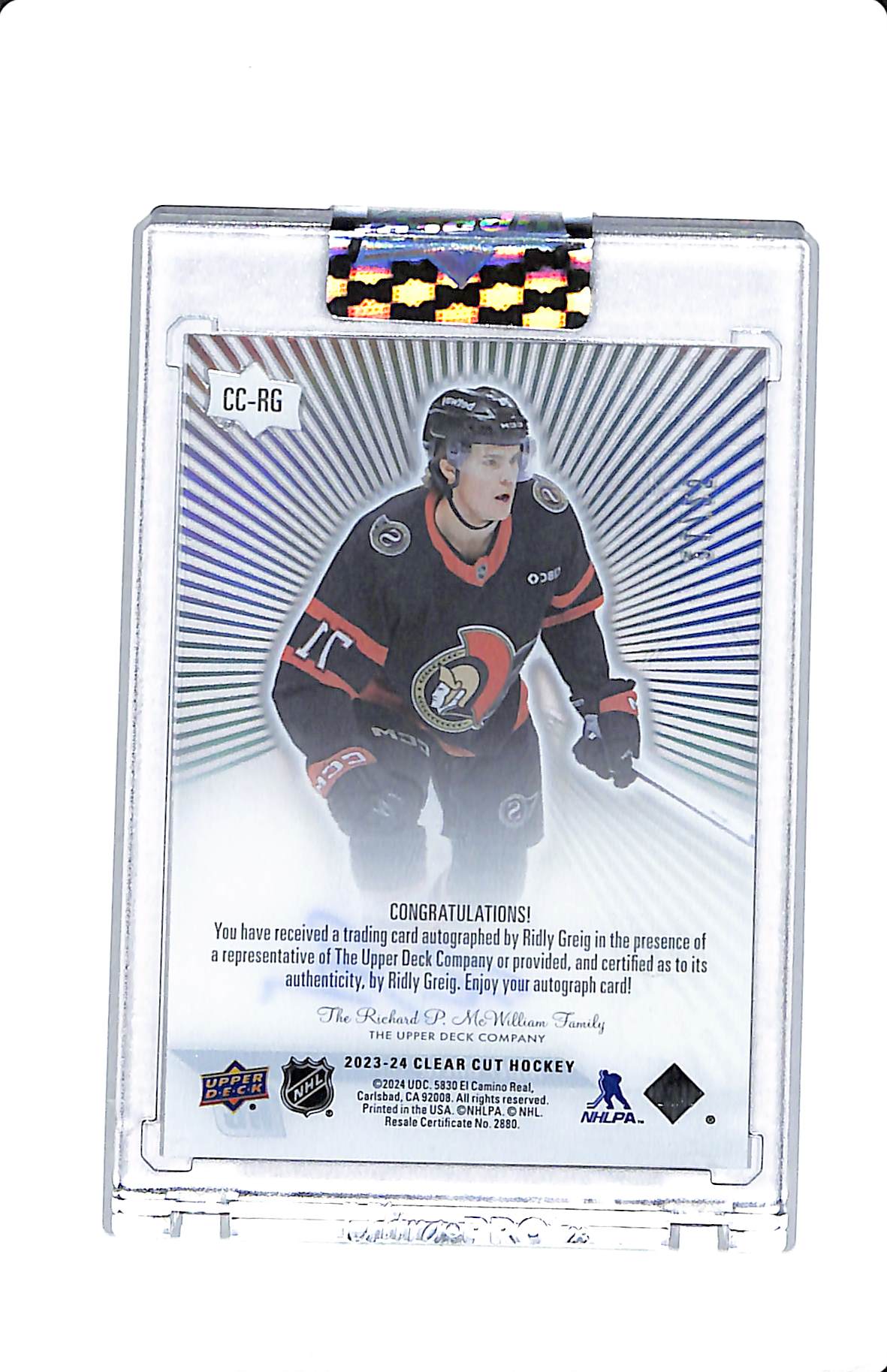 2023-24 UD CLEAR CUT RIDLEY GREIG OUTBURST ROOKIE AUTO 21/25