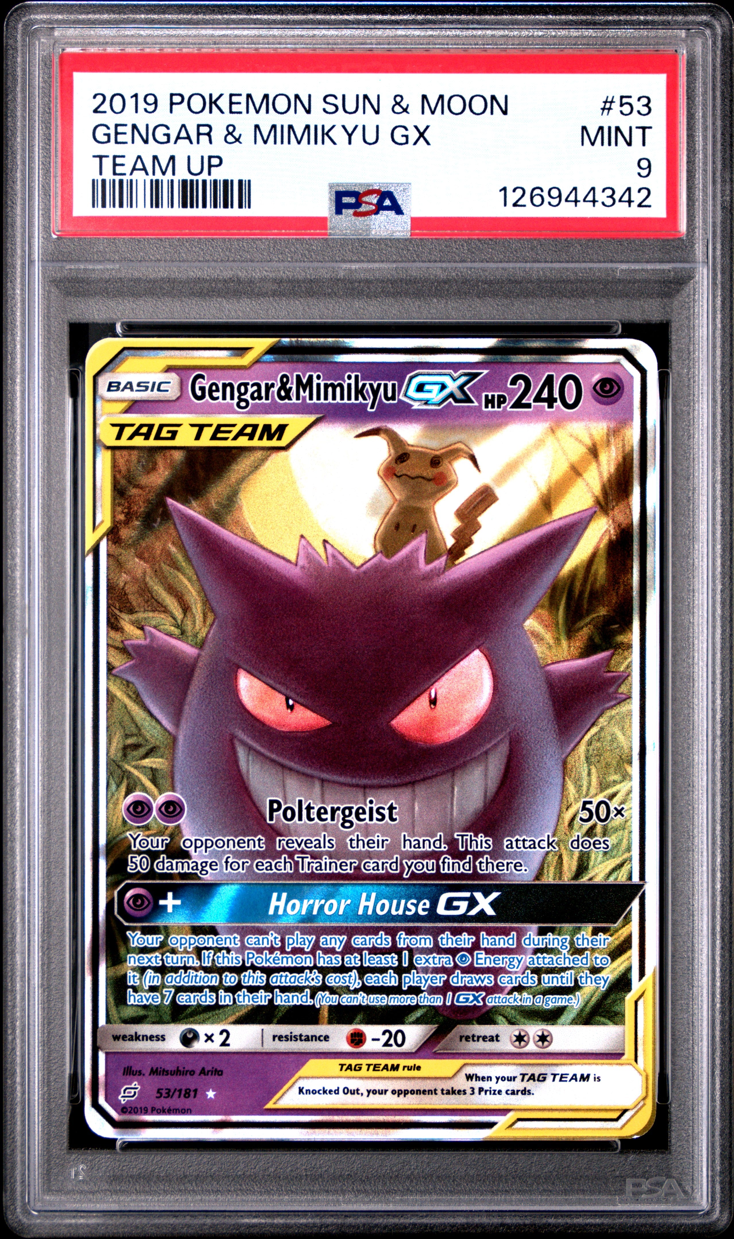 2019 POKEMON SUN & MOON TEAM UP #53 GENGAR & MIMIKYU GX TEAM UP PSA 9