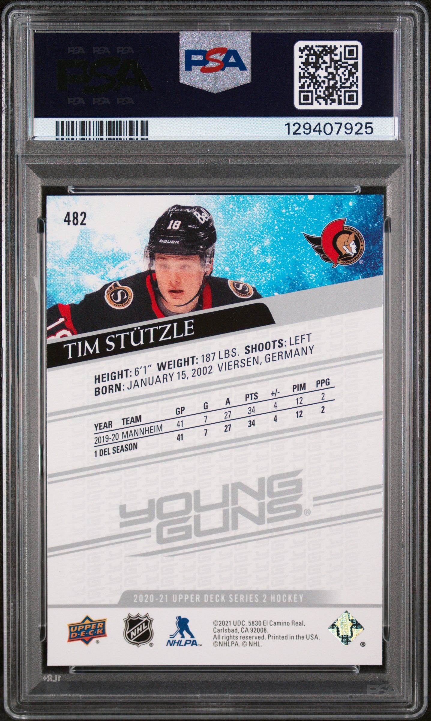 2020-21 UPPER DECK SERIES 2 TIM STUTZLE YOUNG GUNS #482 PSA 10