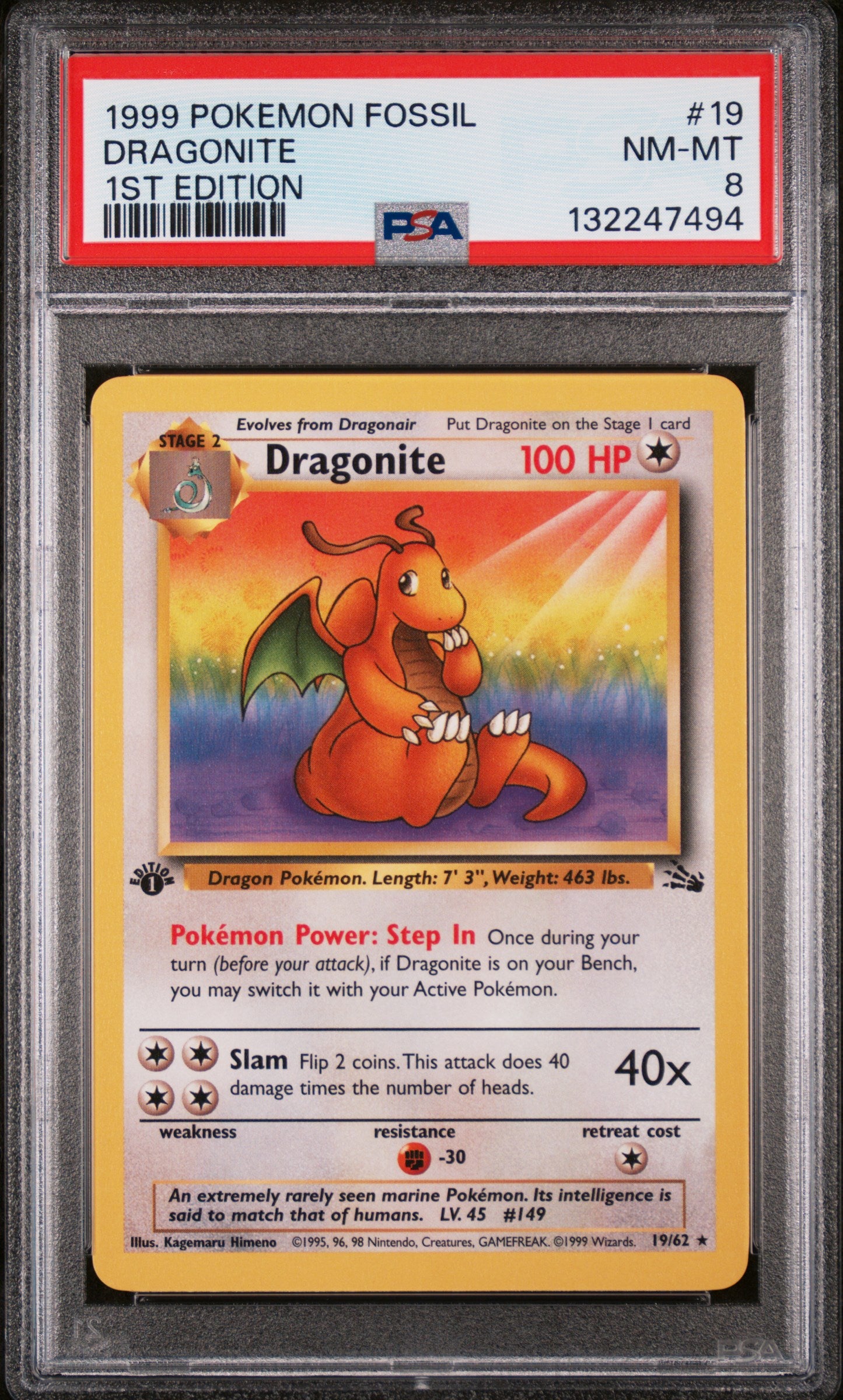 1999 POKEMON FOSSIL DRAGONITE 1ST EDITION 19/64 PSA 8