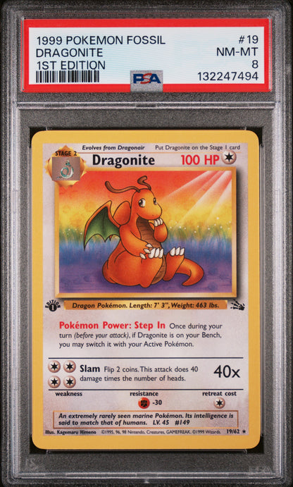1999 POKEMON FOSSIL DRAGONITE 1ST EDITION 19/64 PSA 8
