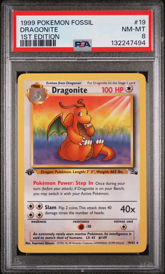 1999 POKEMON FOSSIL DRAGONITE 1ST EDITION 19/64 PSA 8