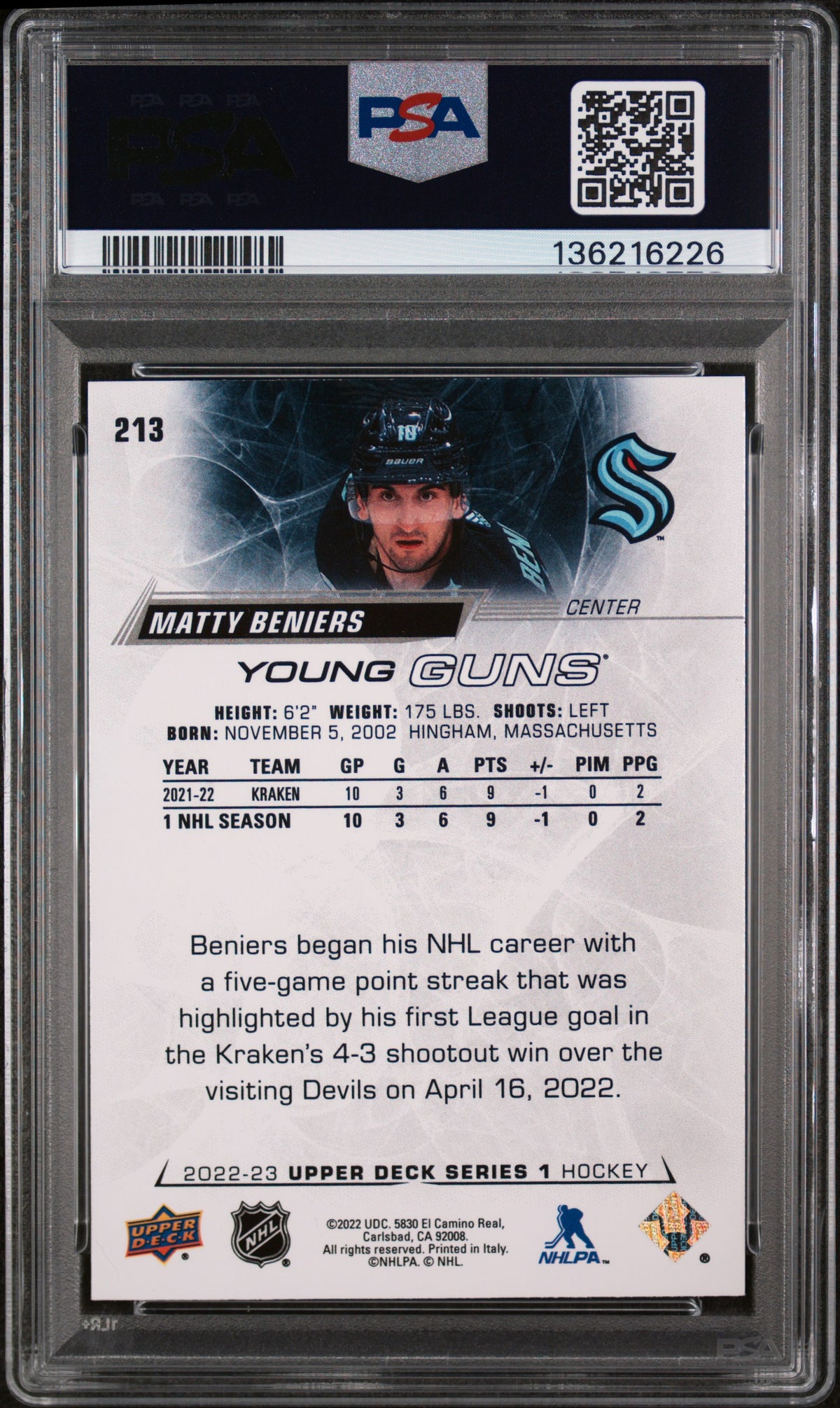 2022 UPPER DECK #213 MATTY BENIERS YOUNG GUNS PSA 10