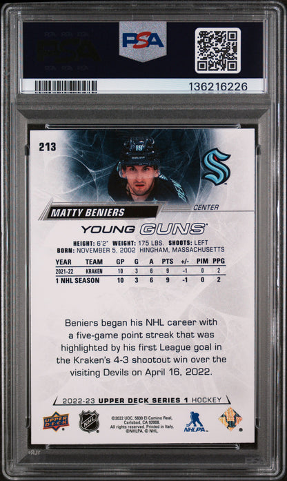2022 UPPER DECK #213 MATTY BENIERS YOUNG GUNS PSA 10