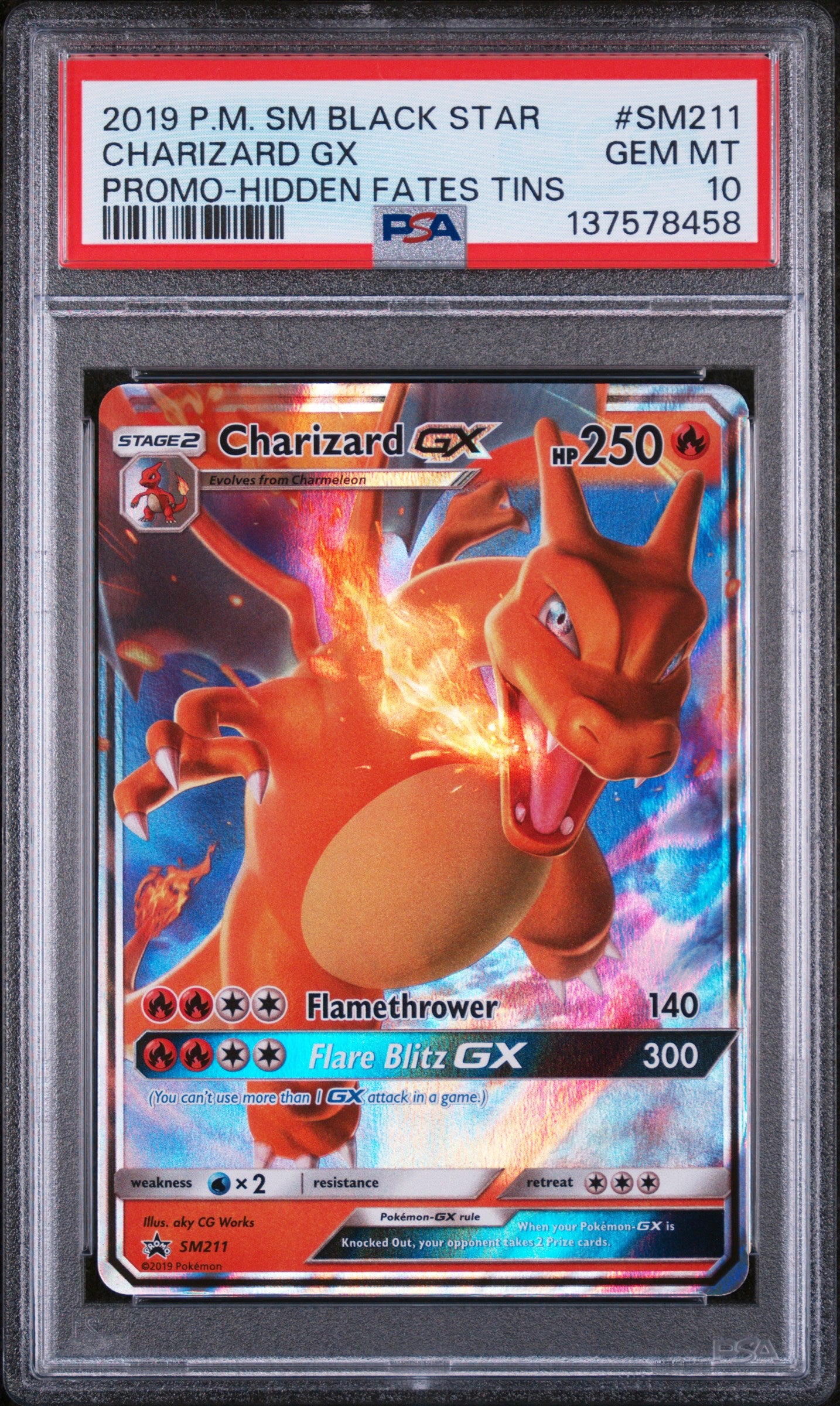 2019 POKEMON SUN & MOON BLACK STAR PROMO CHARIZARD GX HIDDEN FATES TIN #SM211 PSA 10