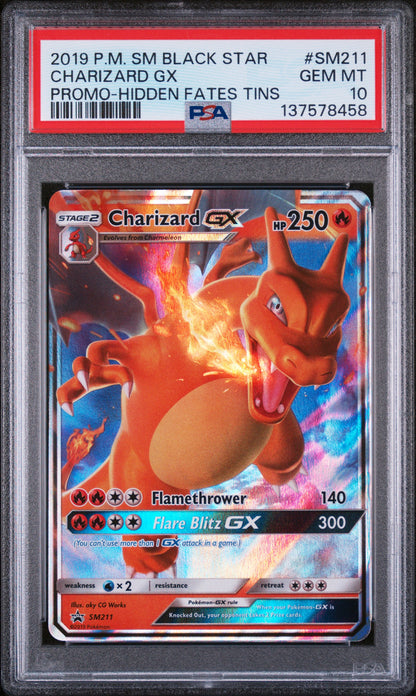 2019 POKEMON SUN & MOON BLACK STAR PROMO CHARIZARD GX HIDDEN FATES TIN #SM211 PSA 10