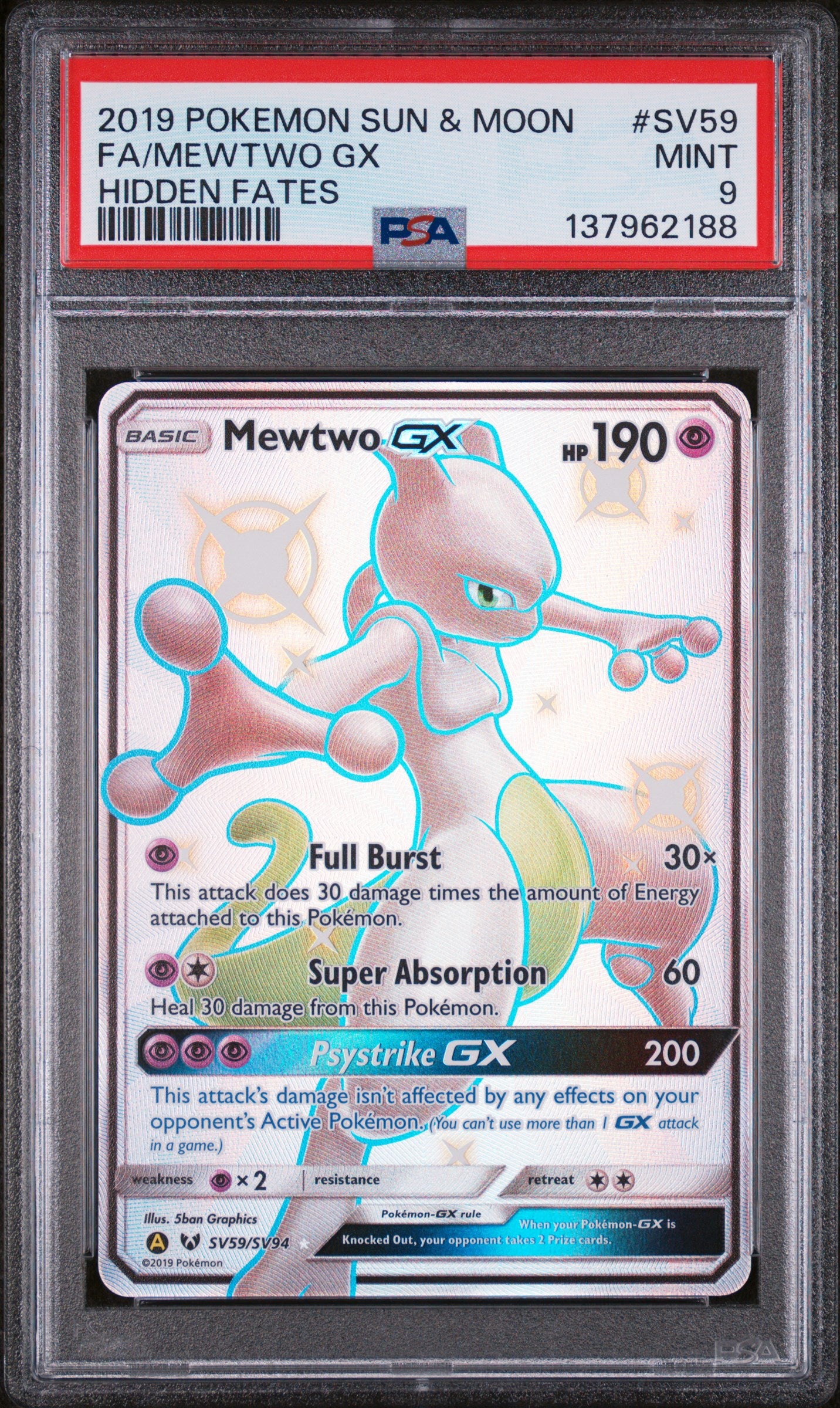 2019 POKEMON SUN & MOON HIDDEN FATES #SV59 FA MEWTWO GX PSA 9