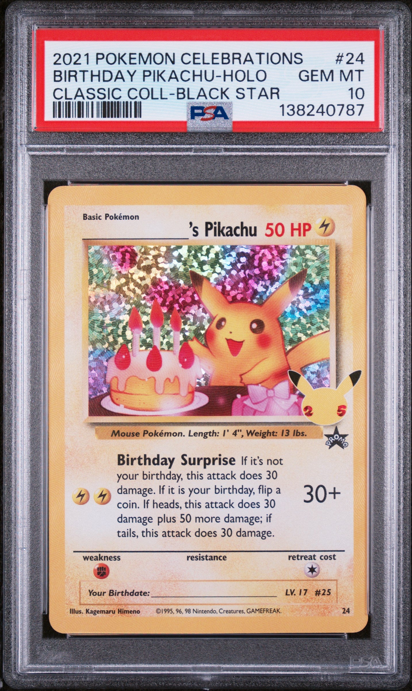 2021 POKEMON CELEBRATIONS BIRTHDAY PIKACHU HOLO CLASSIC COLLECTION BLACK STAR #24 PSA 10