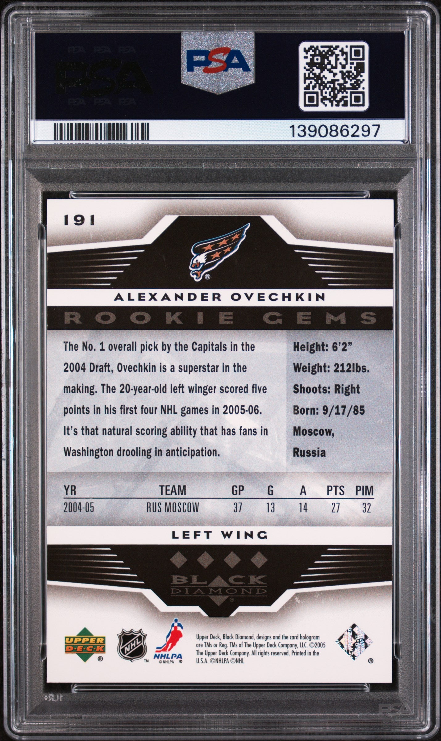 2005 UPPER DECK BLACK DIAMOND ALEXANDER OVECHKIN ROOKIE GEMS QUADRUPLE #191 PSA 8