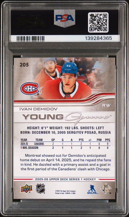 2025-26 UPPER DECK SERIES 1 #205 IVAN DEMIDOV YOUNG GUNS PSA 10