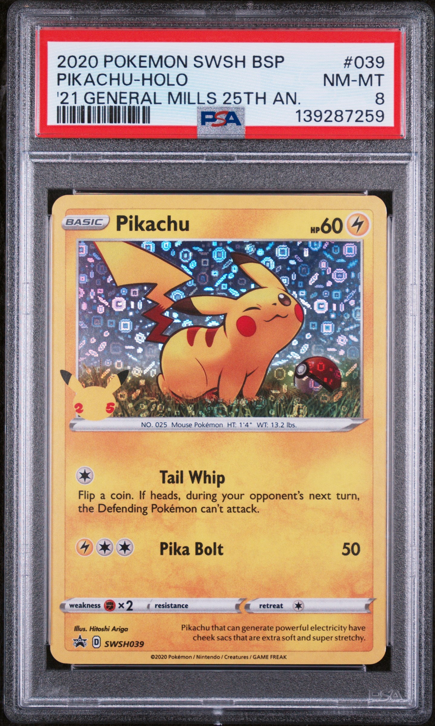 2020 POKEMON SWSH BLACK STAR PROMO PIKACHU HOLO GENERAL MILLS 25TH ANNIVERSARY #039 PSA 8