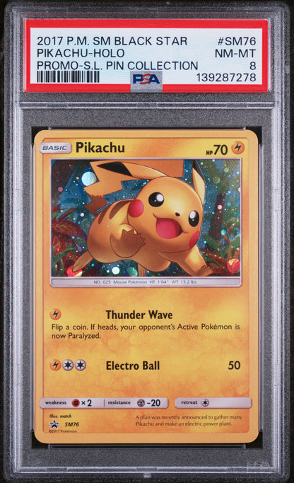 2017 POKEMON SUN & MOON BLACK STAR PROMO PIKACHU HOLO SHINING LEGENDS PIN COLLECTION #SM76 PSA 8
