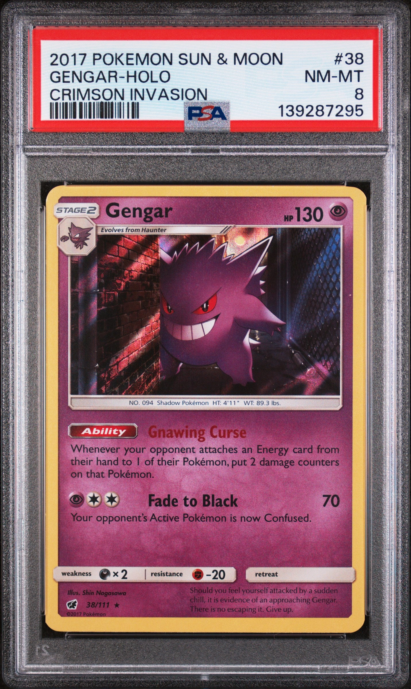 2017 POKEMON SUN & MOON GENGAR HOLO CRIMSON INVASION #38 PSA 8