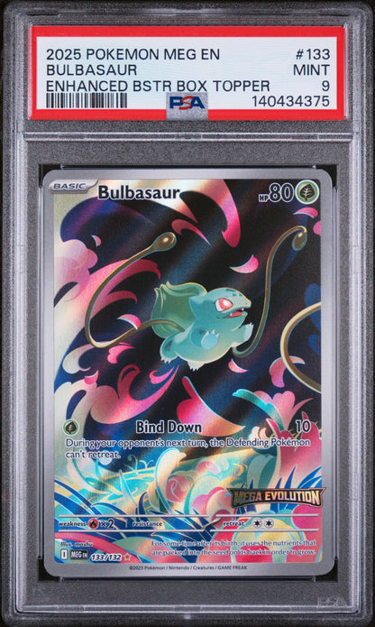 2025 POKEMON MEG EN MEGA EVOLUTION #133 BULBASAUR ENHANCED BOX TOPPER PSA 9