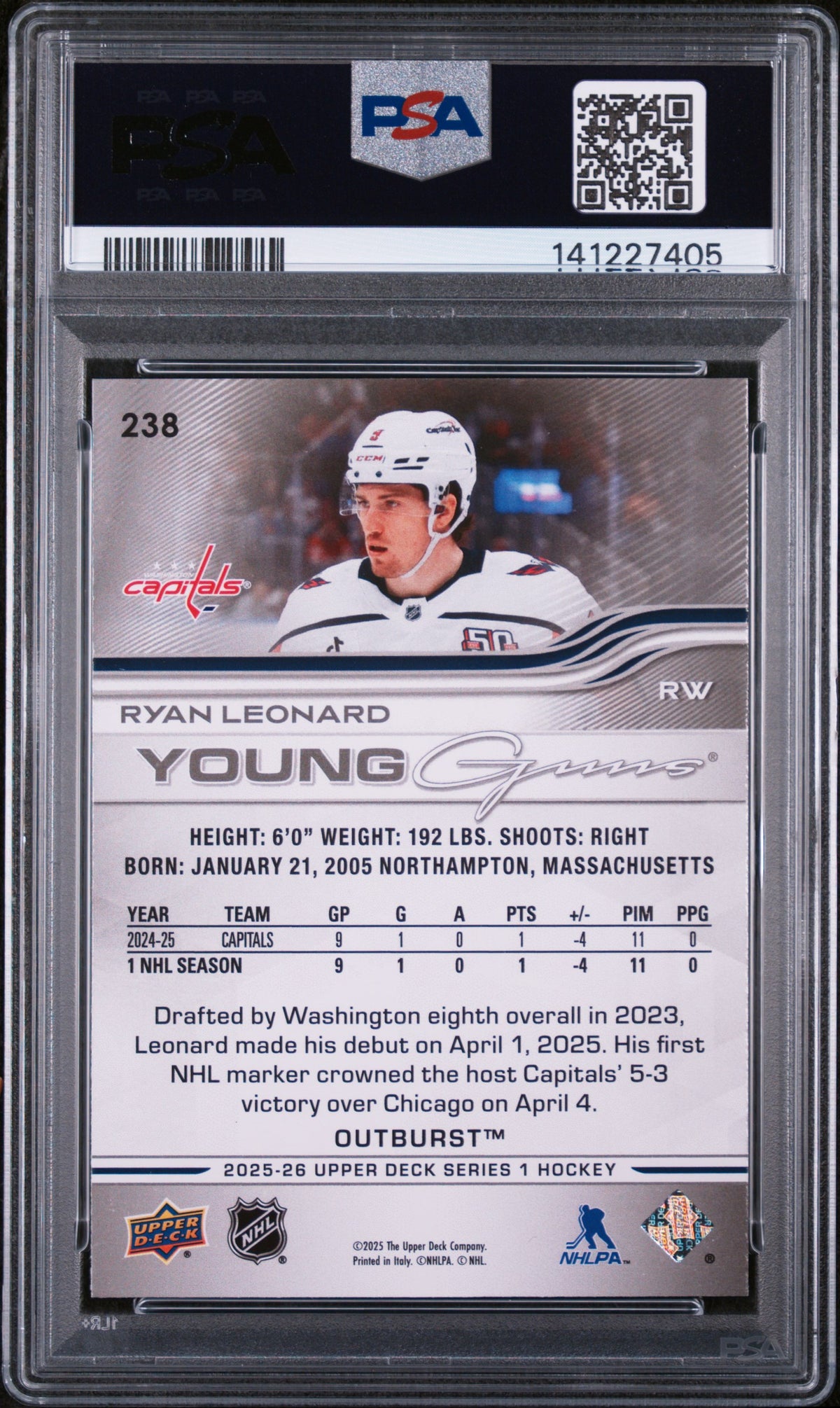 2025 UPPER DECK #238 RYAN LEONARD OUTBURST YOUNG GUNS PSA 10