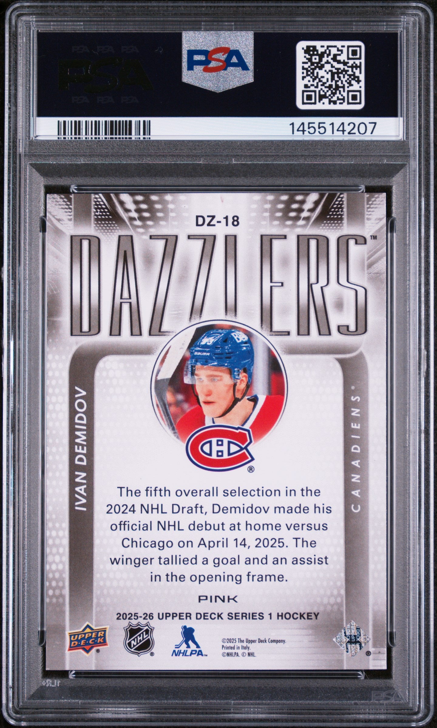 2025-26 UPPER DECK SERIES 1 IVAN DEMIDOV DAZZLERS PINK RC PSA 9 #DZ-18