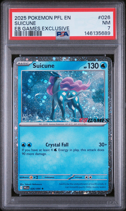 2025 POKEMON PFL EN PHANTASMAL FLAMES #026 SUICUNE EB GAMES EXCLUSIVE PSA 7