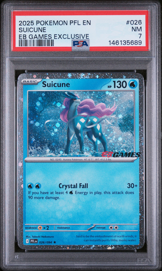 2025 POKEMON PFL EN PHANTASMAL FLAMES #026 SUICUNE EB GAMES EXCLUSIVE PSA 7