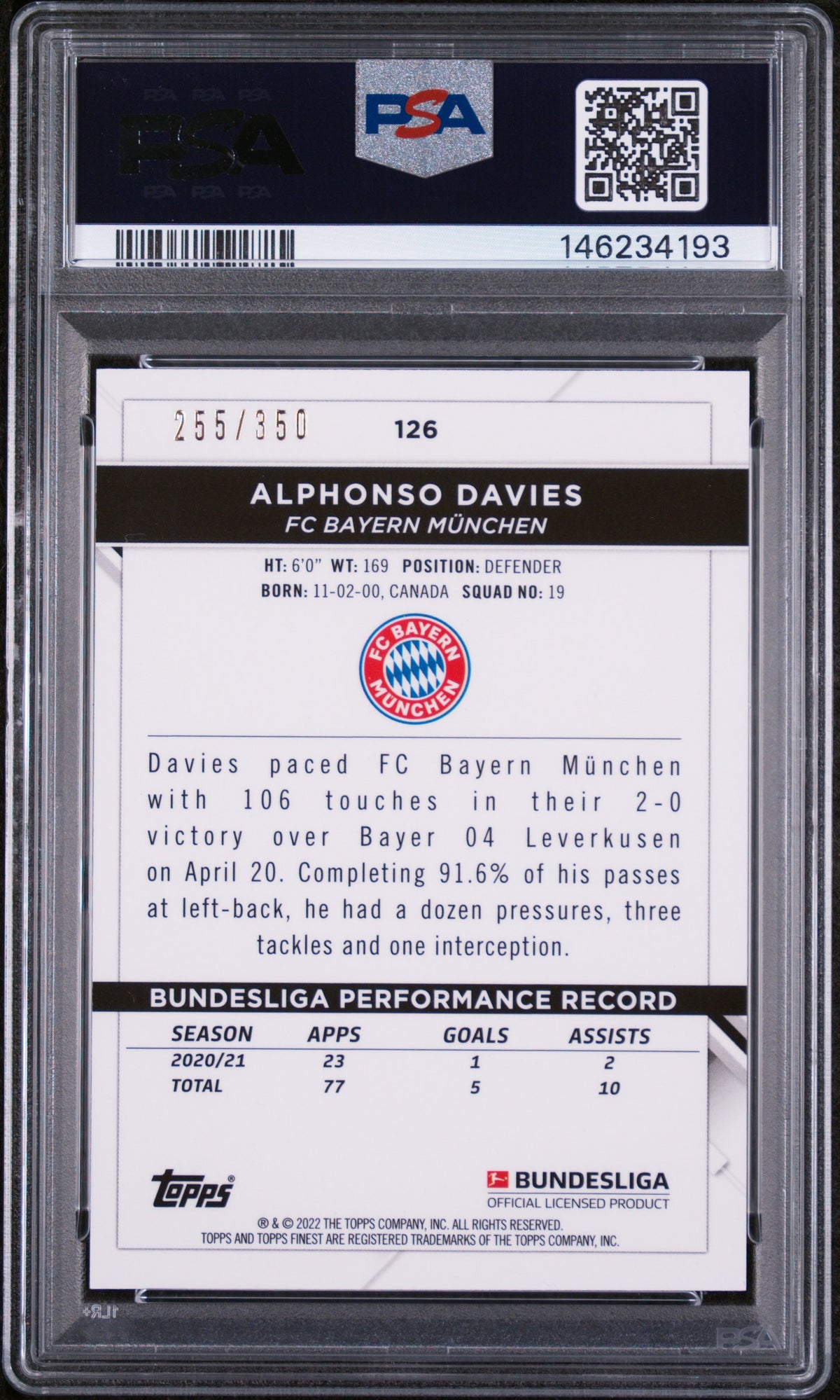 2021-2022 TOPPS FINEST BUNDESLIGA #126 ALPHONSO DAVIES YELLOW WAVE RED /350 PSA 9