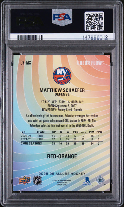 2025-26 UPPER DECK ALLURE MATTHEW SCHAEFER RED-ORANGE COLOR FLOW ROOKIE PSA 10 #CF-MS