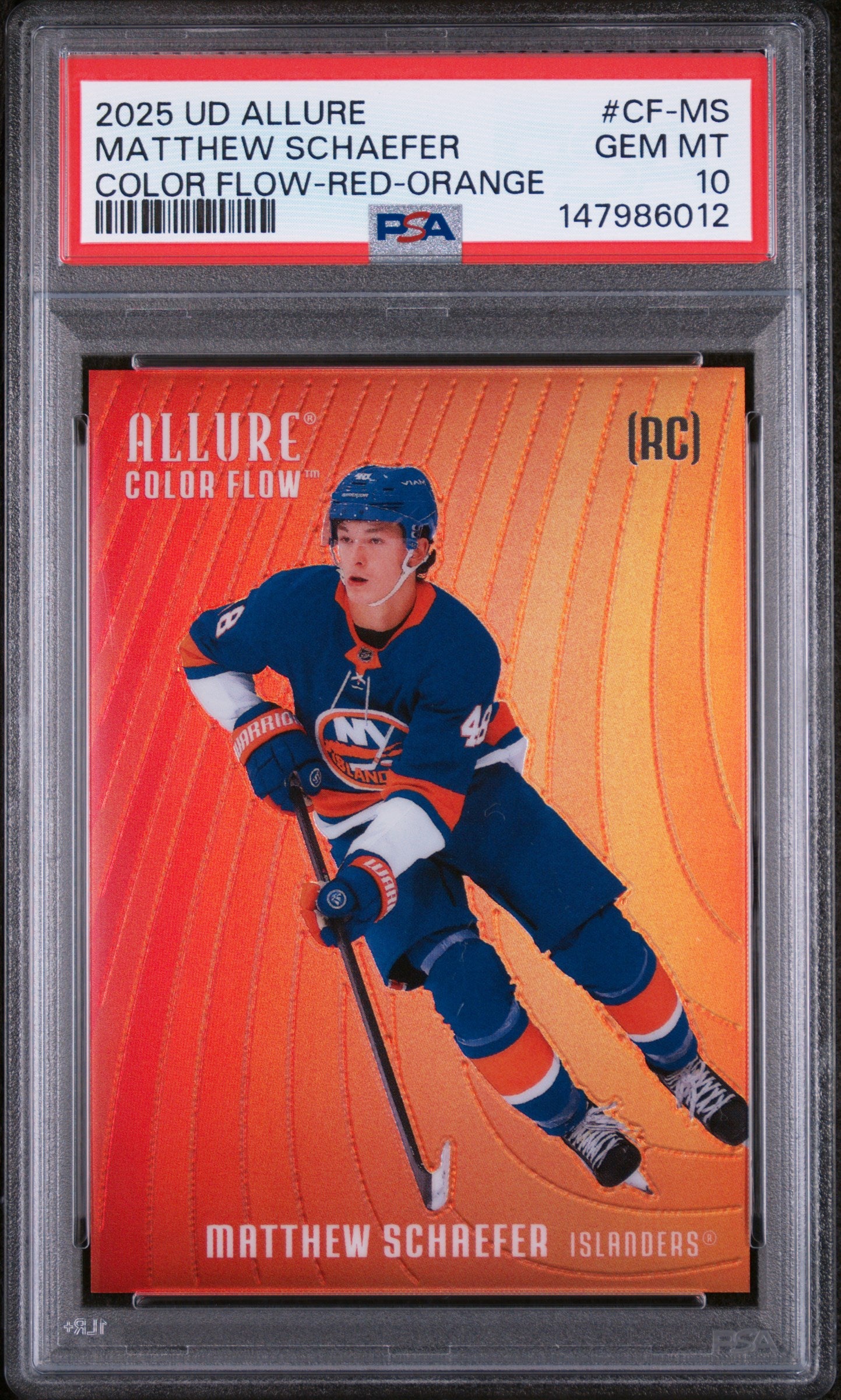 2025-26 UPPER DECK ALLURE MATTHEW SCHAEFER RED-ORANGE COLOR FLOW ROOKIE PSA 10 #CF-MS
